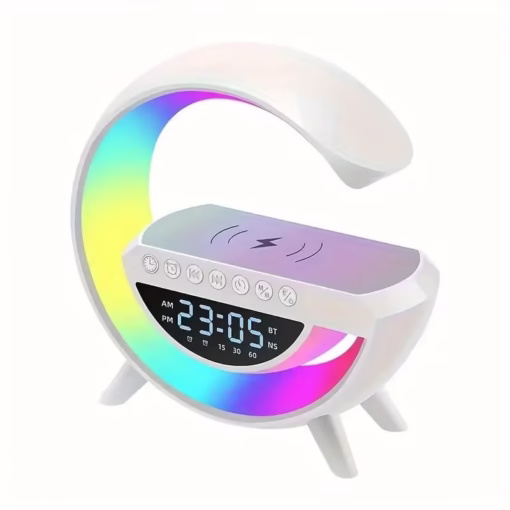 Multi-functional LED Clock Display Speaker G Lamp | LED wireless charging speaker, G-shaped speaker light, Bluetooth Mp3 player, night light and alarm clock, for living room